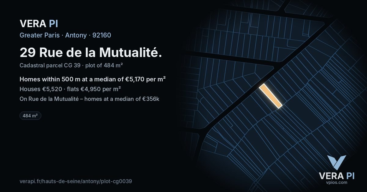 29 Rue de la Mutualité, Antony at night – the plot lit, the parcels around coloured by the prices near them