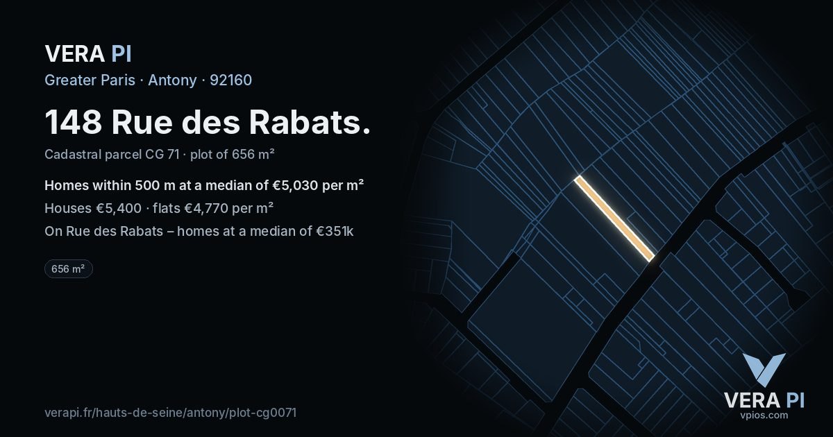 148 Rue des Rabats, Antony at night – the plot lit, the parcels around coloured by the prices near them