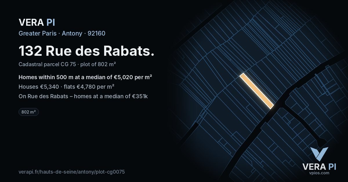132 Rue des Rabats, Antony at night – the plot lit, the parcels around coloured by the prices near them