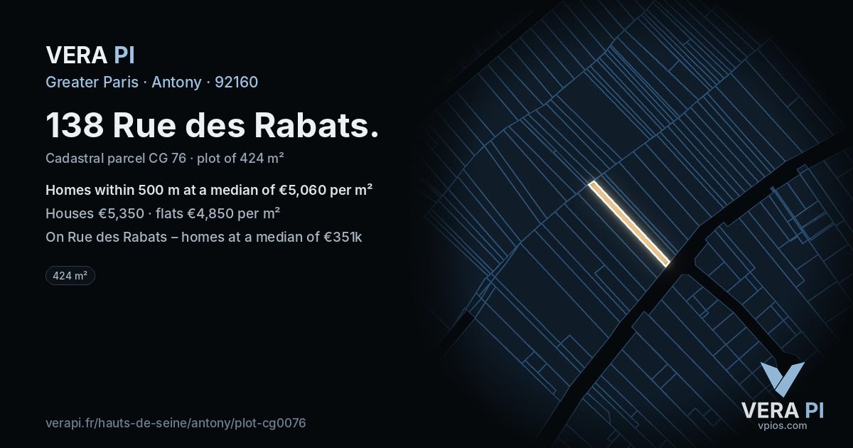 138 Rue des Rabats, Antony at night – the plot lit, the parcels around coloured by the prices near them
