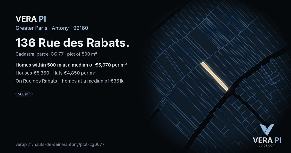136 Rue des Rabats, Antony at night – the plot lit, the parcels around coloured by the prices near them
