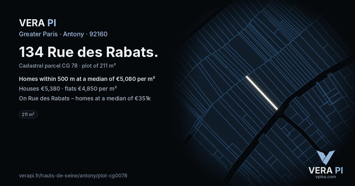134 Rue des Rabats, Antony at night – the plot lit, the parcels around coloured by the prices near them