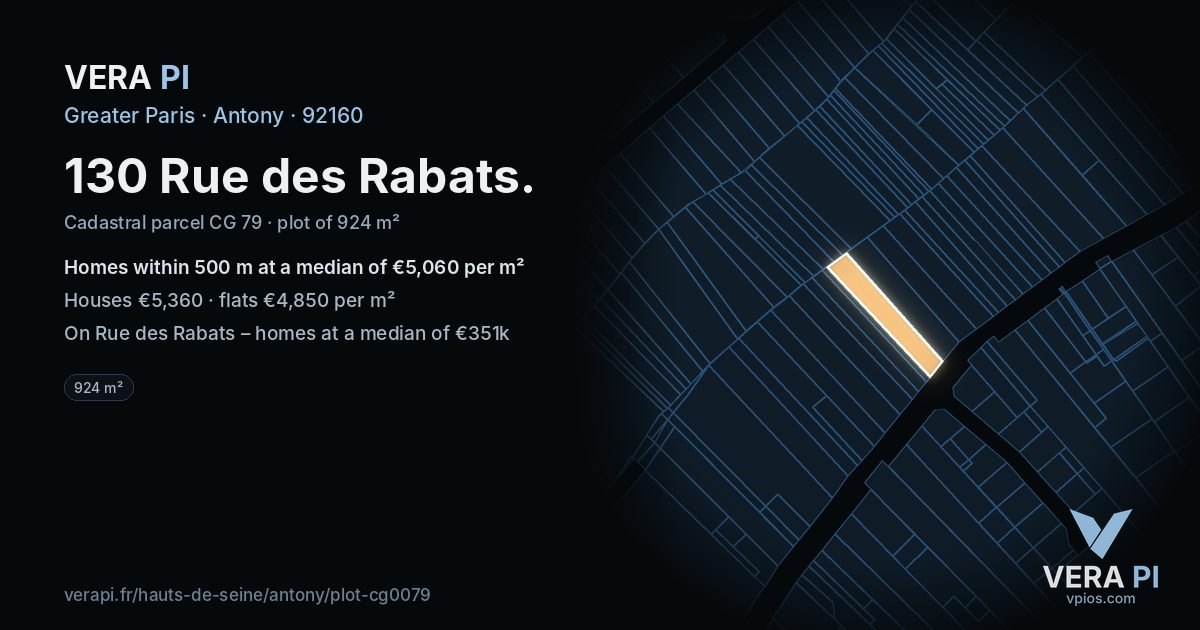 130 Rue des Rabats, Antony at night – the plot lit, the parcels around coloured by the prices near them