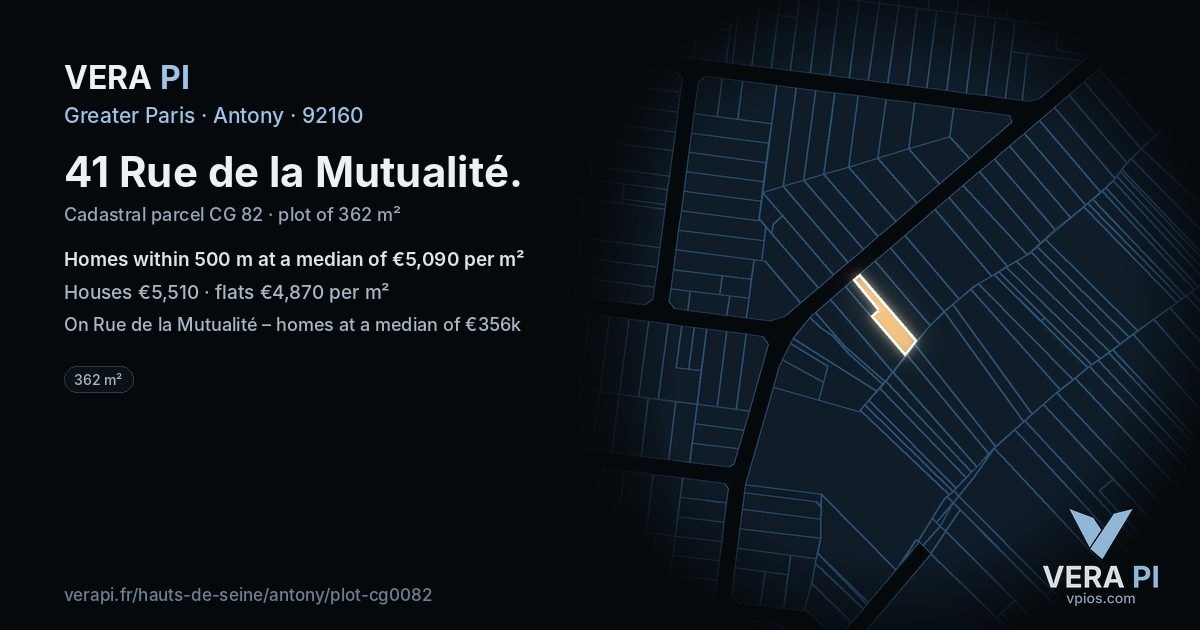 41 Rue de la Mutualité, Antony at night – the plot lit, the parcels around coloured by the prices near them