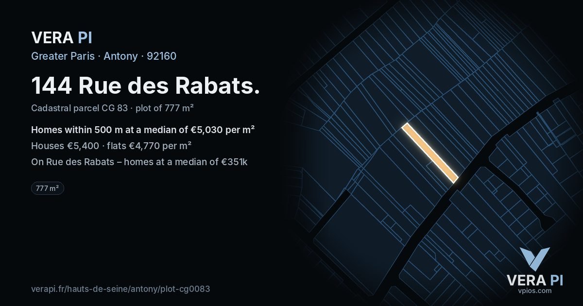 144 Rue des Rabats, Antony at night – the plot lit, the parcels around coloured by the prices near them