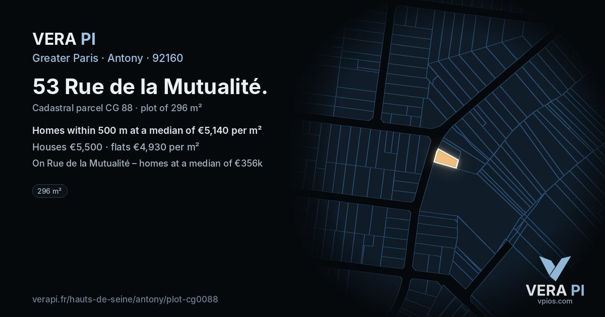 53 Rue de la Mutualité, Antony at night – the plot lit, the parcels around coloured by the prices near them