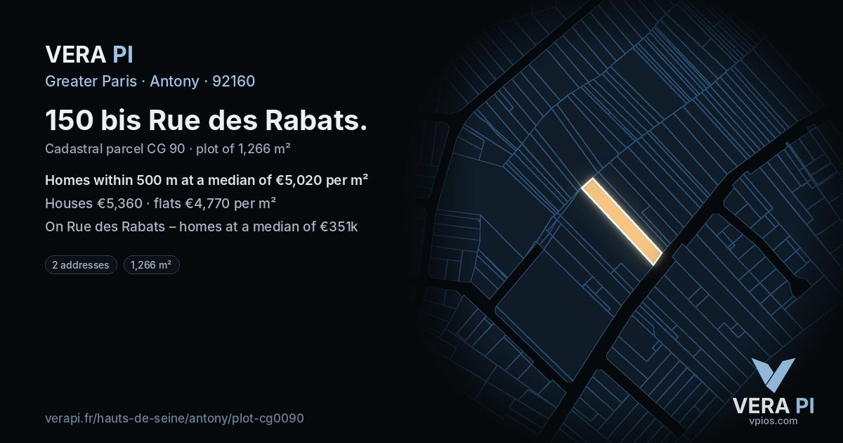 150 bis Rue des Rabats, Antony at night – the plot lit, the parcels around coloured by the prices near them