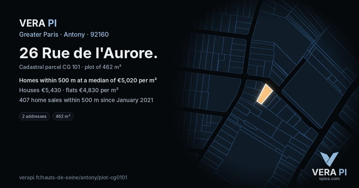 26 Rue de l'Aurore, Antony at night – the plot lit, the parcels around coloured by the prices near them