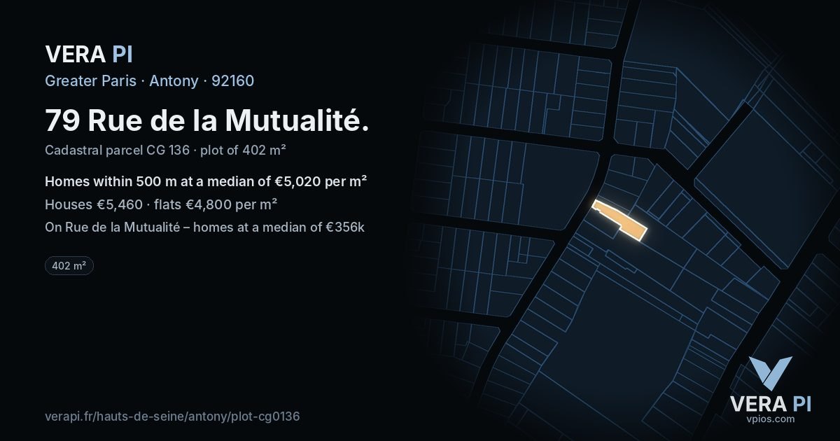 79 Rue de la Mutualité, Antony at night – the plot lit, the parcels around coloured by the prices near them