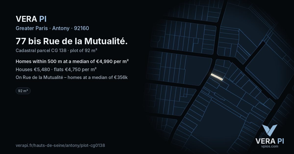 77 bis Rue de la Mutualité, Antony at night – the plot lit, the parcels around coloured by the prices near them