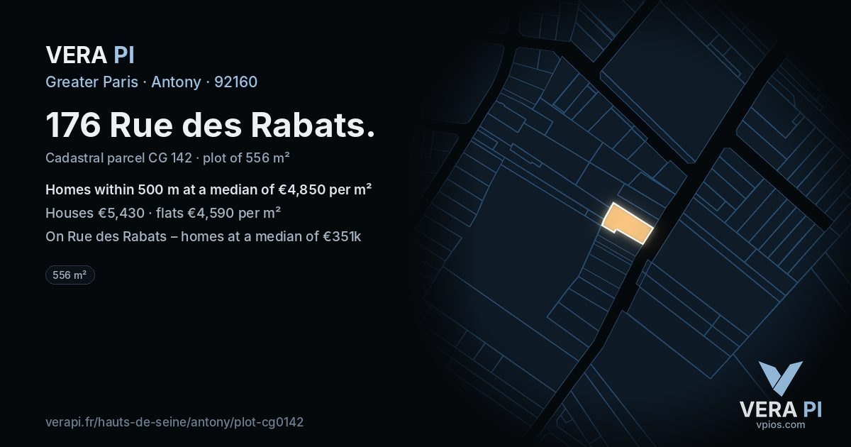 176 Rue des Rabats, Antony at night – the plot lit, the parcels around coloured by the prices near them