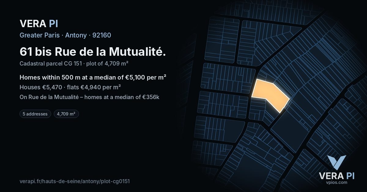 61 bis Rue de la Mutualité, Antony at night – the plot lit, the parcels around coloured by the prices near them