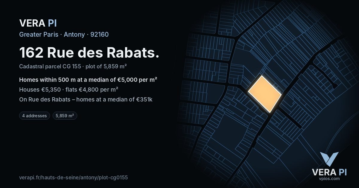 162 Rue des Rabats, Antony at night – the plot lit, the parcels around coloured by the prices near them