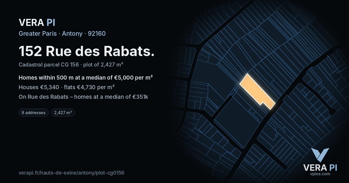 152 Rue des Rabats, Antony at night – the plot lit, the parcels around coloured by the prices near them