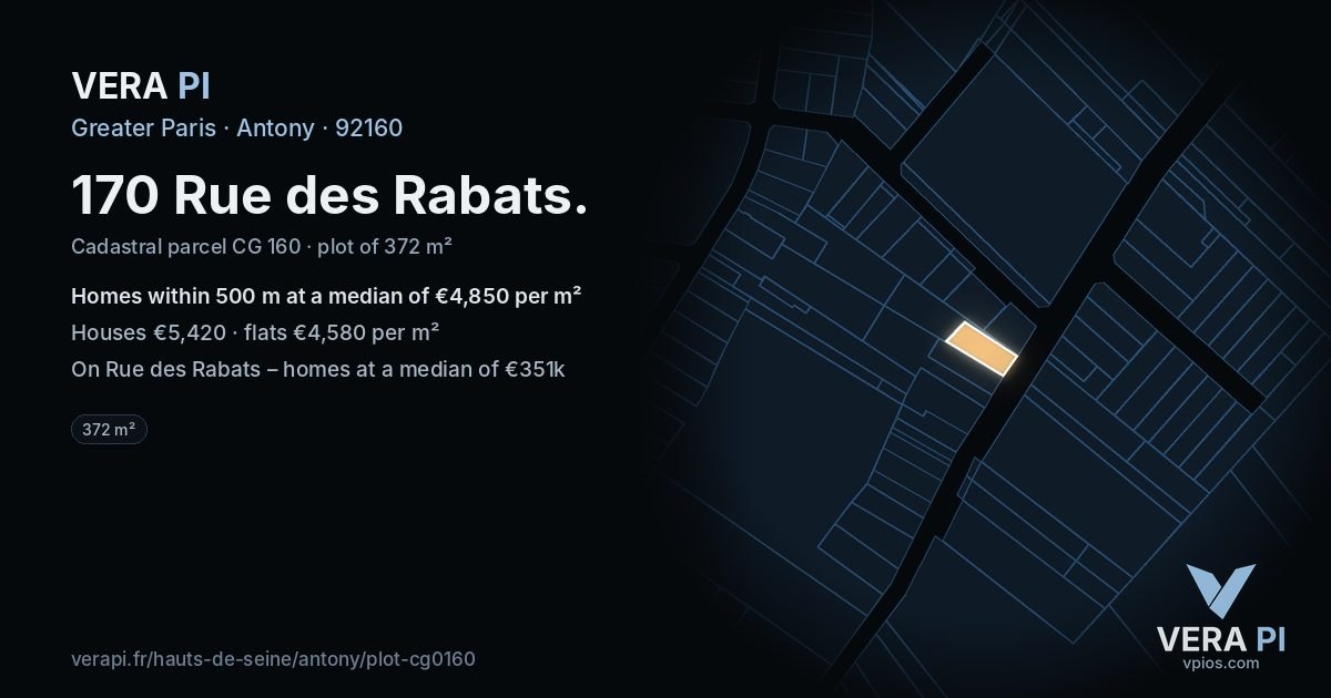 170 Rue des Rabats, Antony at night – the plot lit, the parcels around coloured by the prices near them