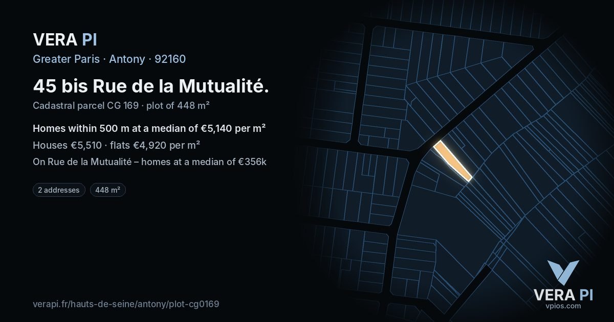 45 bis Rue de la Mutualité, Antony at night – the plot lit, the parcels around coloured by the prices near them