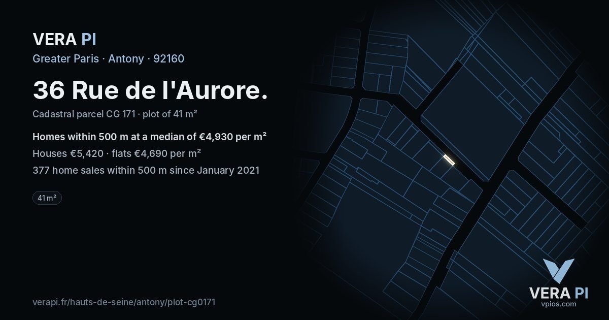 36 Rue de l'Aurore, Antony at night – the plot lit, the parcels around coloured by the prices near them