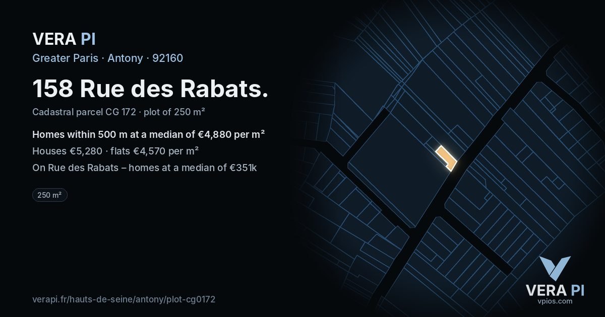 158 Rue des Rabats, Antony at night – the plot lit, the parcels around coloured by the prices near them