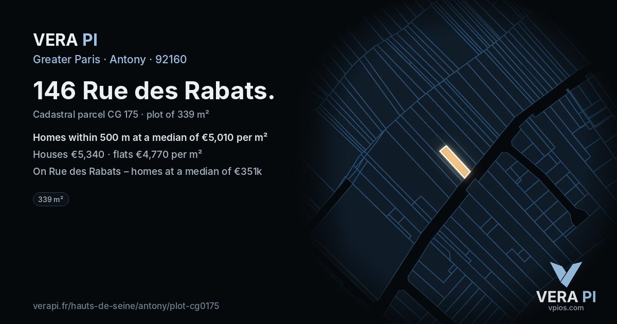 146 Rue des Rabats, Antony at night – the plot lit, the parcels around coloured by the prices near them