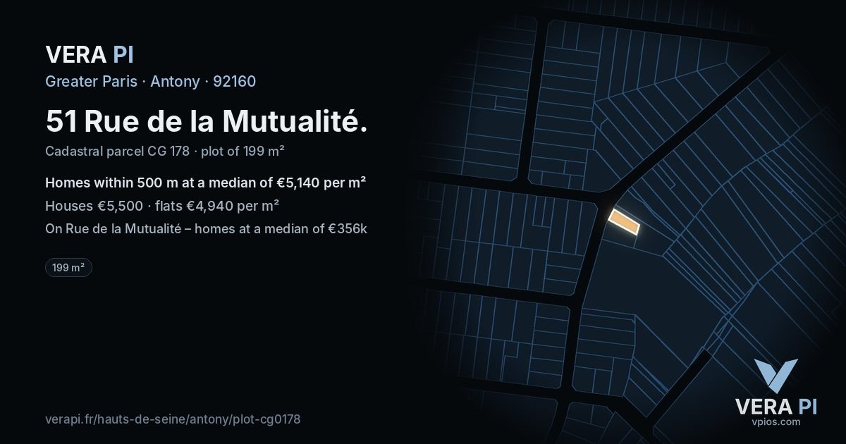 51 Rue de la Mutualité, Antony at night – the plot lit, the parcels around coloured by the prices near them