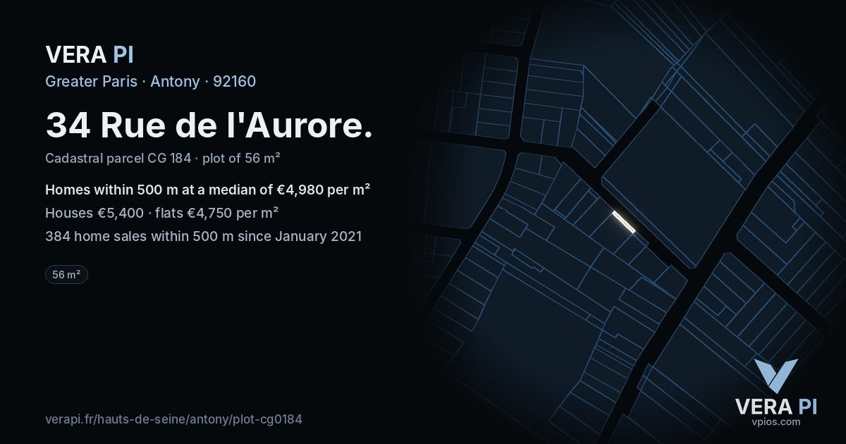 34 Rue de l'Aurore, Antony at night – the plot lit, the parcels around coloured by the prices near them