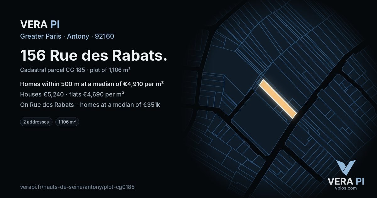 156 Rue des Rabats, Antony at night – the plot lit, the parcels around coloured by the prices near them