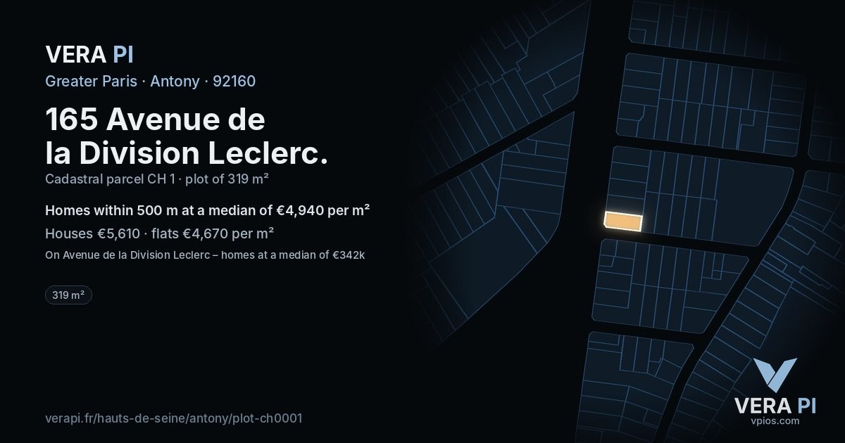 165 Avenue de la Division Leclerc, Antony at night – the plot lit, the parcels around coloured by the prices near them