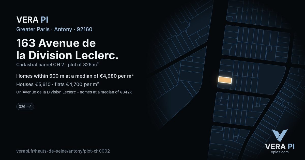 163 Avenue de la Division Leclerc, Antony at night – the plot lit, the parcels around coloured by the prices near them