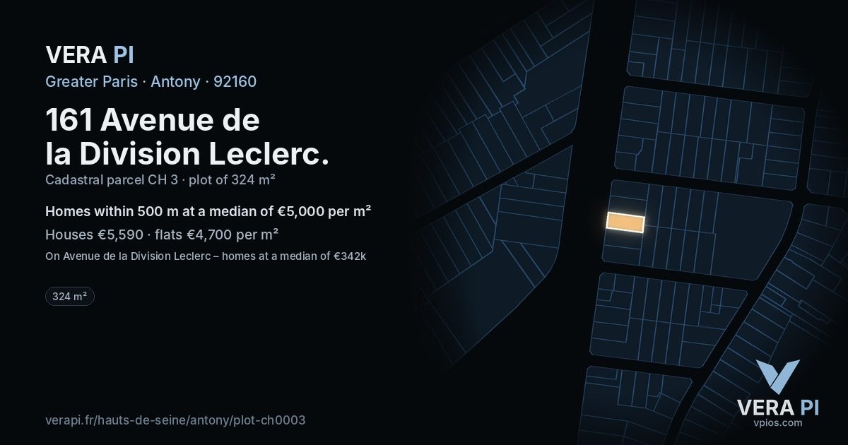 161 Avenue de la Division Leclerc, Antony at night – the plot lit, the parcels around coloured by the prices near them