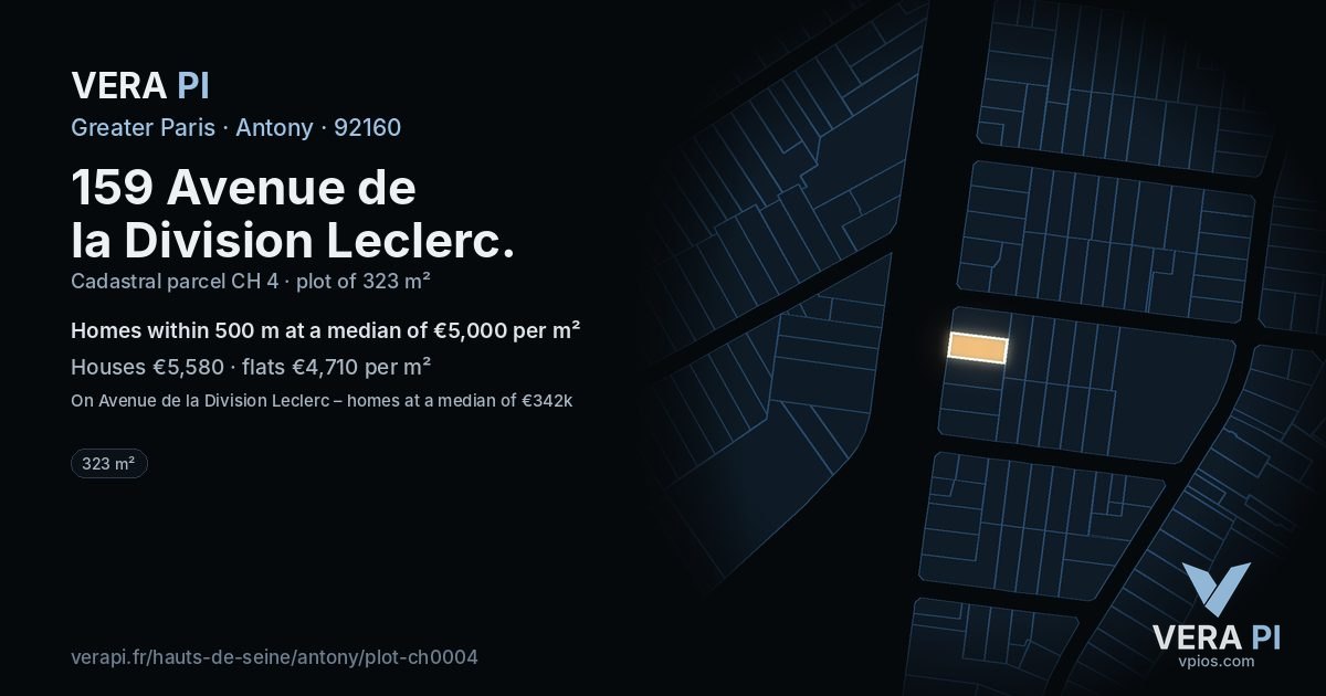 159 Avenue de la Division Leclerc, Antony at night – the plot lit, the parcels around coloured by the prices near them