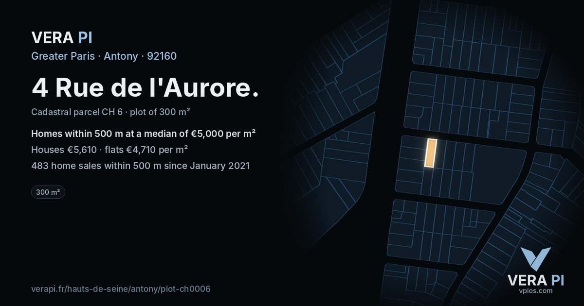 4 Rue de l'Aurore, Antony at night – the plot lit, the parcels around coloured by the prices near them