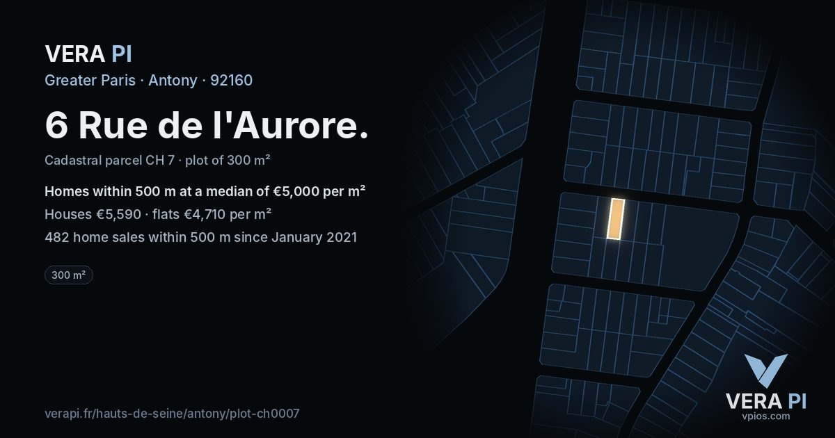 6 Rue de l'Aurore, Antony at night – the plot lit, the parcels around coloured by the prices near them
