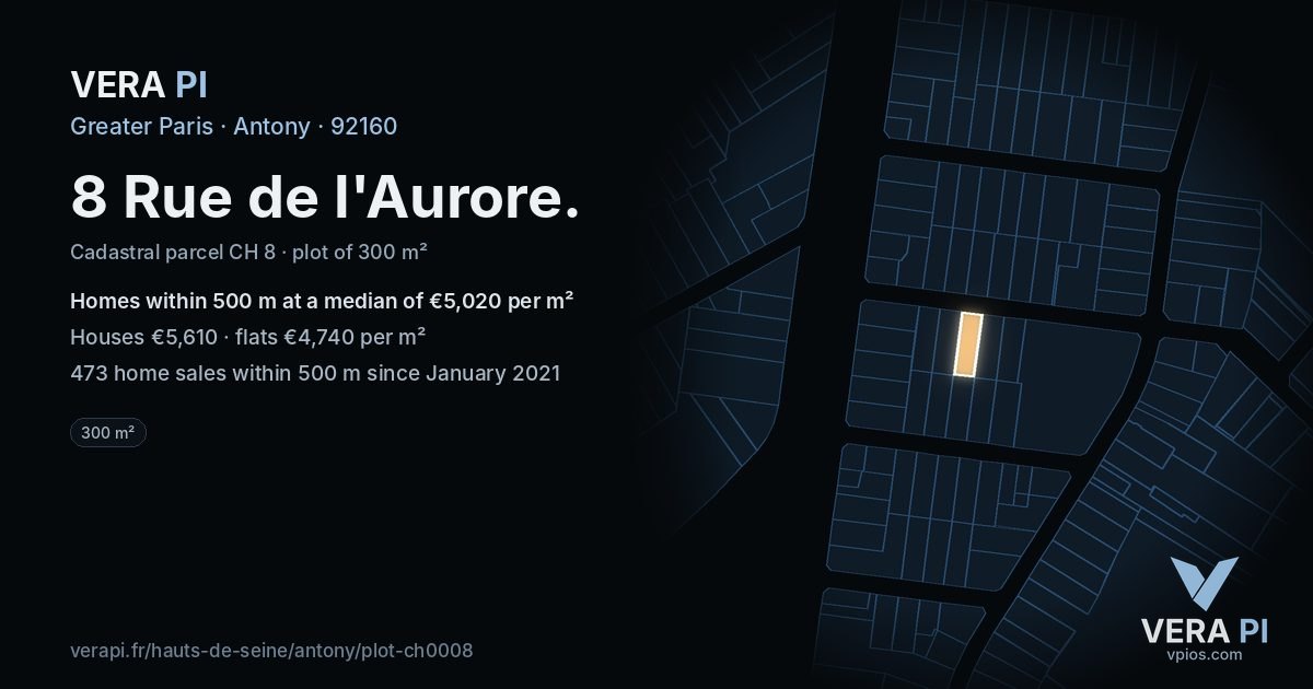 8 Rue de l'Aurore, Antony at night – the plot lit, the parcels around coloured by the prices near them