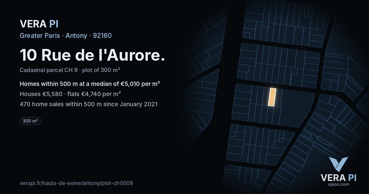 10 Rue de l'Aurore, Antony at night – the plot lit, the parcels around coloured by the prices near them