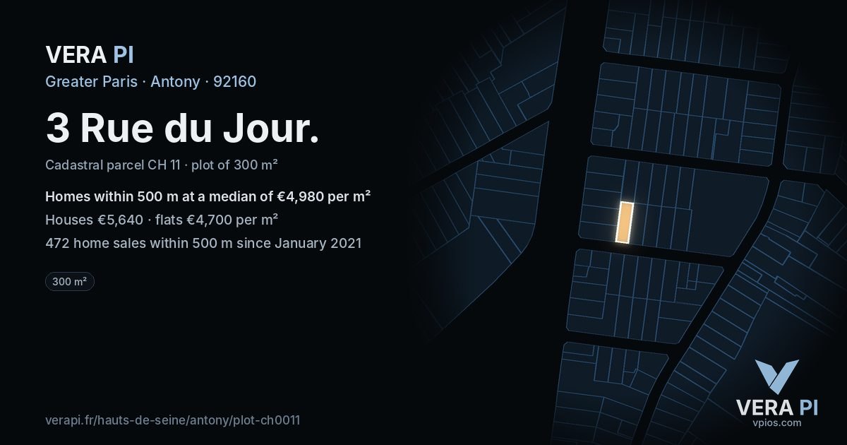 3 Rue du Jour, Antony at night – the plot lit, the parcels around coloured by the prices near them