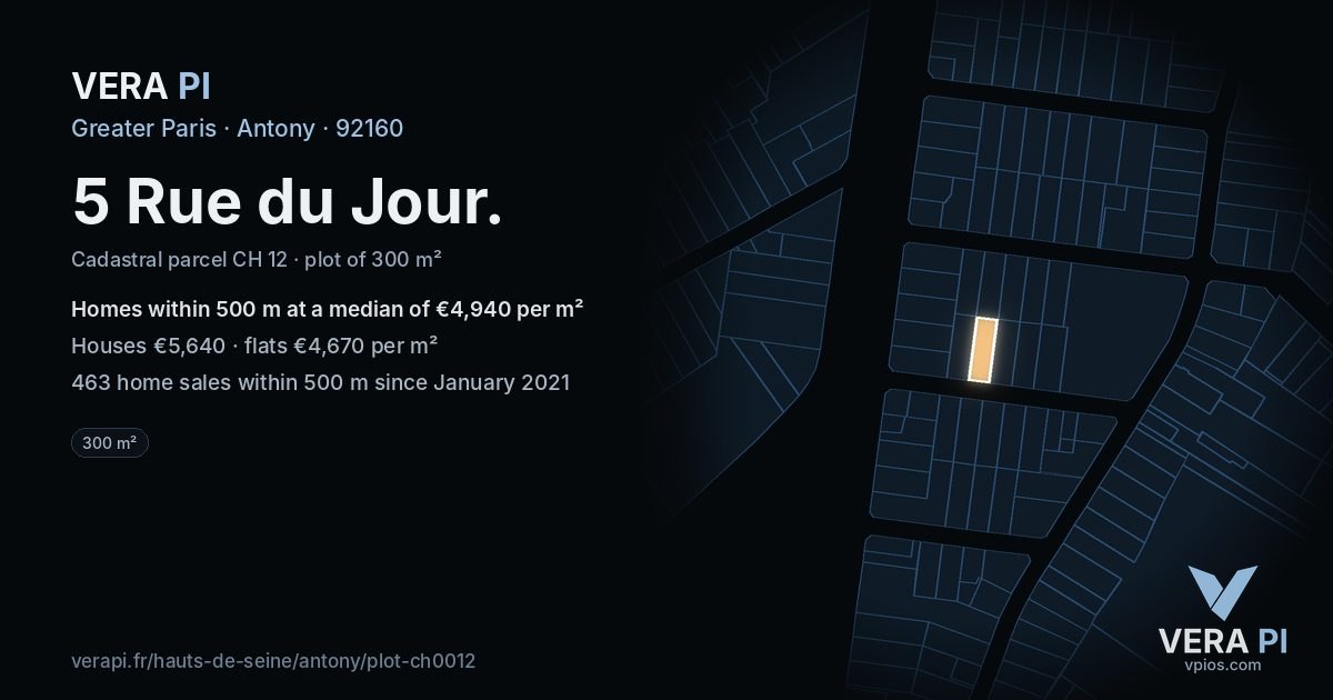 5 Rue du Jour, Antony at night – the plot lit, the parcels around coloured by the prices near them