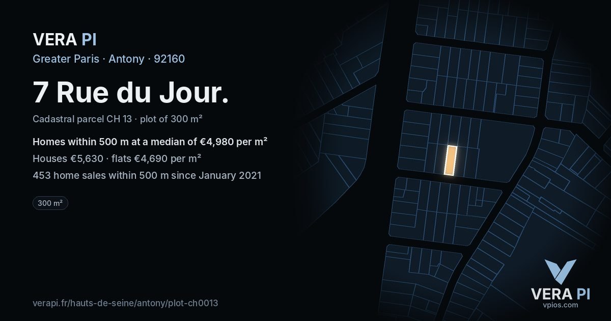 7 Rue du Jour, Antony at night – the plot lit, the parcels around coloured by the prices near them
