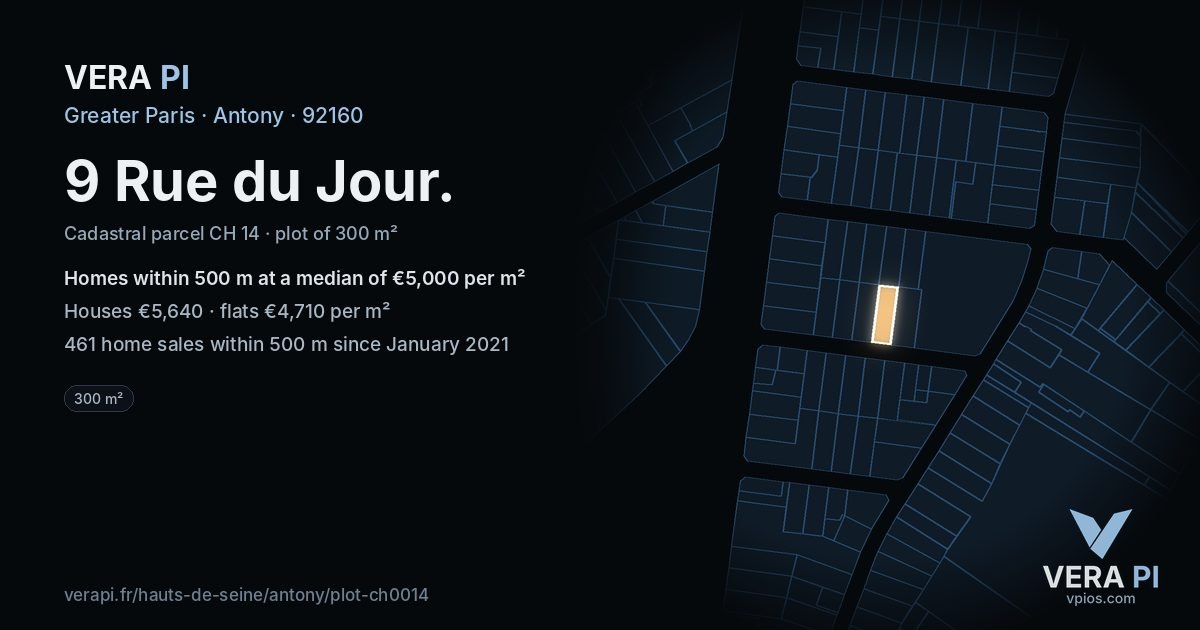 9 Rue du Jour, Antony at night – the plot lit, the parcels around coloured by the prices near them