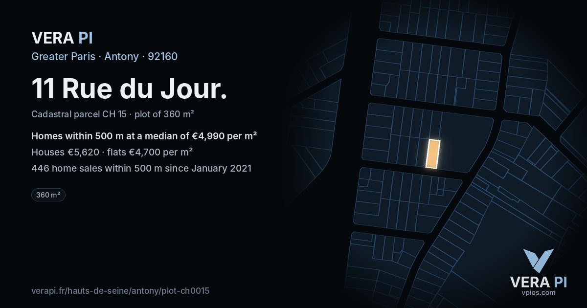 11 Rue du Jour, Antony at night – the plot lit, the parcels around coloured by the prices near them