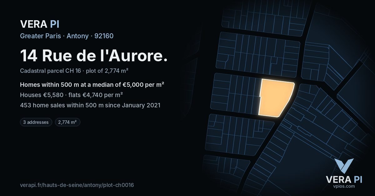 14 Rue de l'Aurore, Antony at night – the plot lit, the parcels around coloured by the prices near them