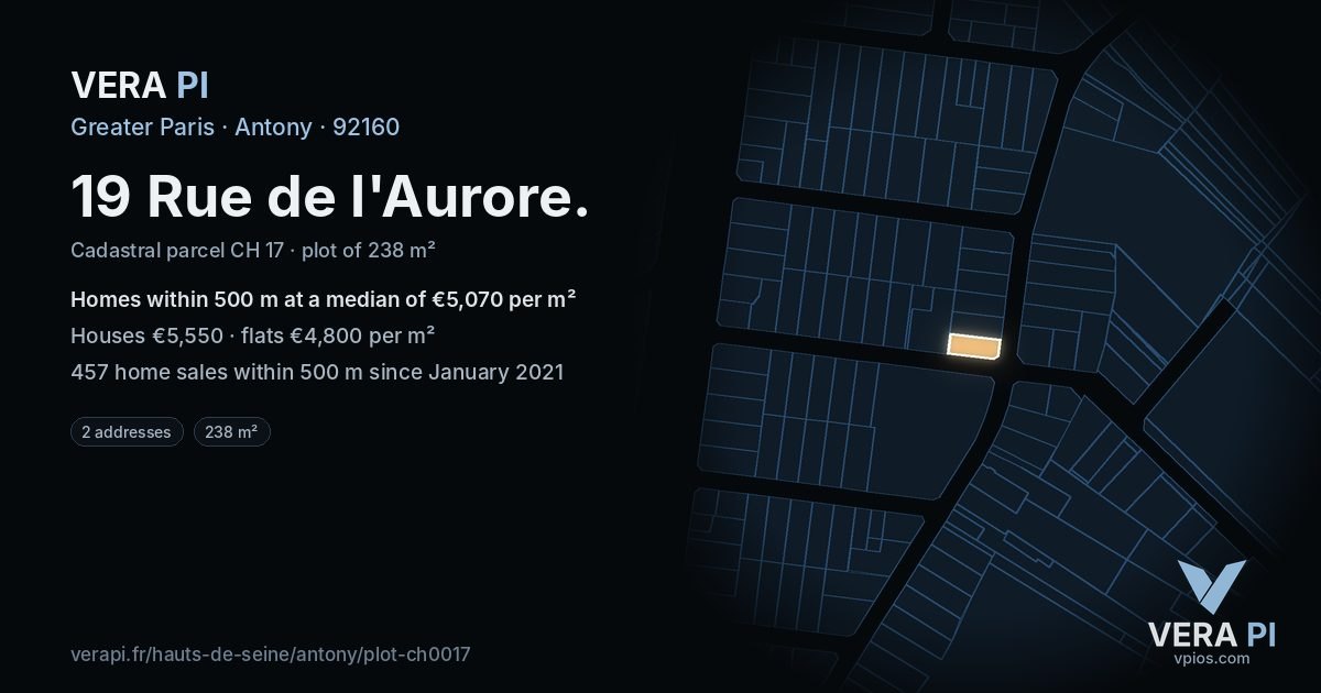 19 Rue de l'Aurore, Antony at night – the plot lit, the parcels around coloured by the prices near them