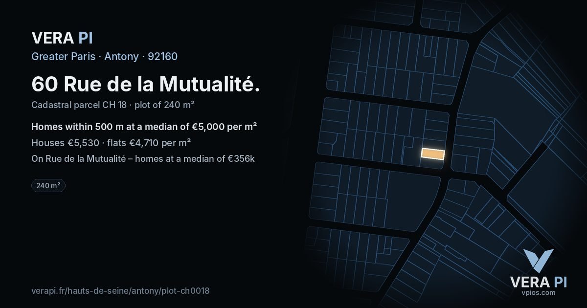 60 Rue de la Mutualité, Antony at night – the plot lit, the parcels around coloured by the prices near them