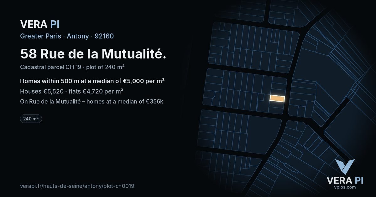 58 Rue de la Mutualité, Antony at night – the plot lit, the parcels around coloured by the prices near them