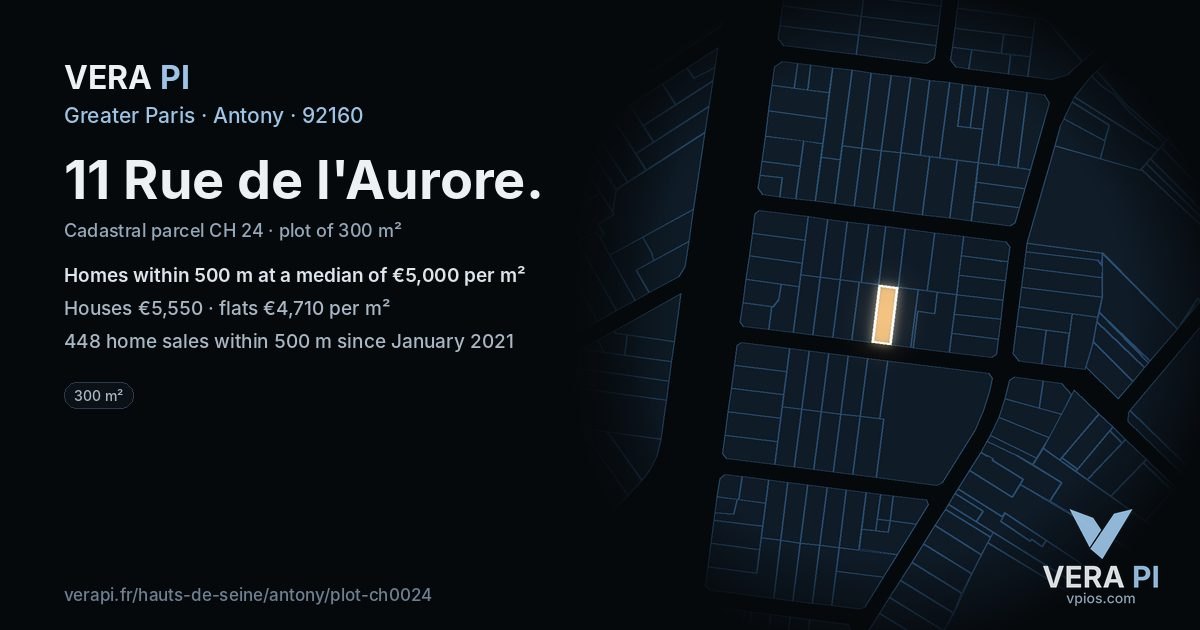 11 Rue de l'Aurore, Antony at night – the plot lit, the parcels around coloured by the prices near them