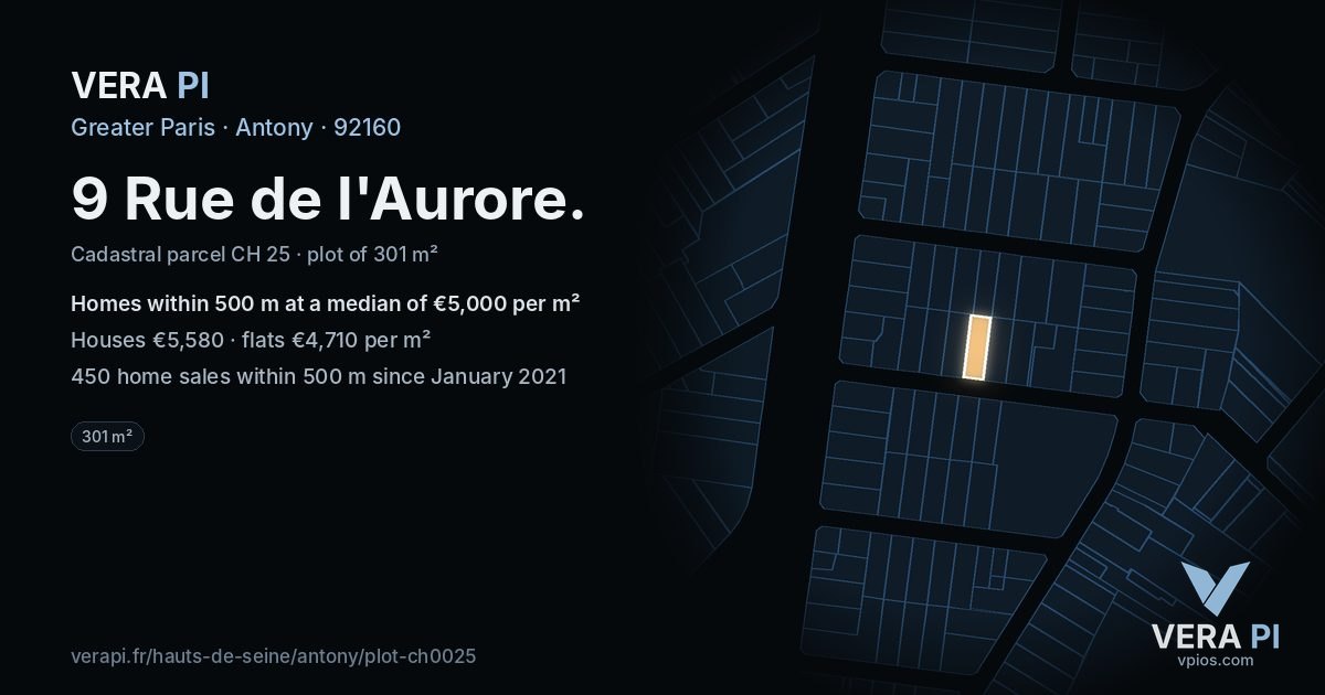 9 Rue de l'Aurore, Antony at night – the plot lit, the parcels around coloured by the prices near them