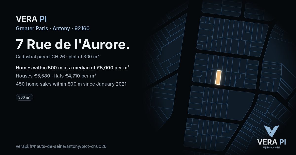 7 Rue de l'Aurore, Antony at night – the plot lit, the parcels around coloured by the prices near them