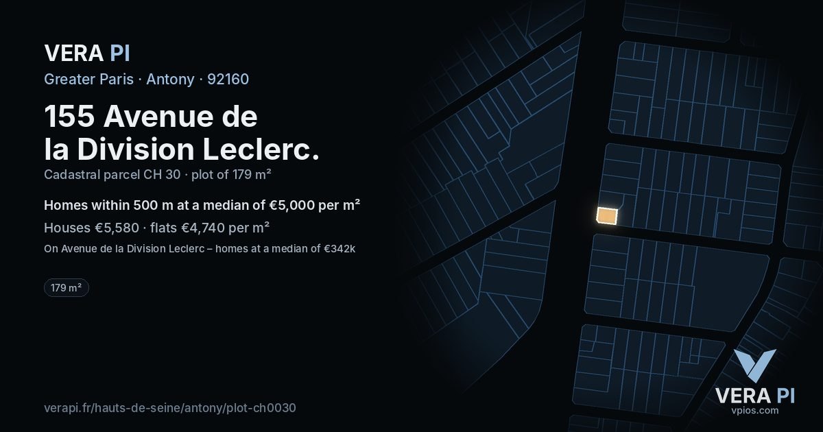 155 Avenue de la Division Leclerc, Antony at night – the plot lit, the parcels around coloured by the prices near them