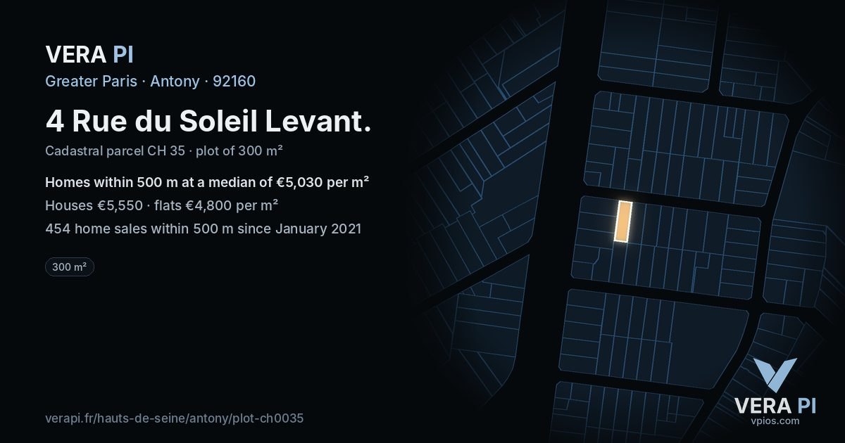 4 Rue du Soleil Levant, Antony at night – the plot lit, the parcels around coloured by the prices near them