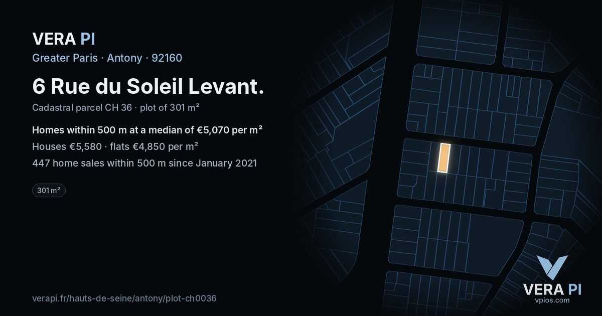 6 Rue du Soleil Levant, Antony at night – the plot lit, the parcels around coloured by the prices near them
