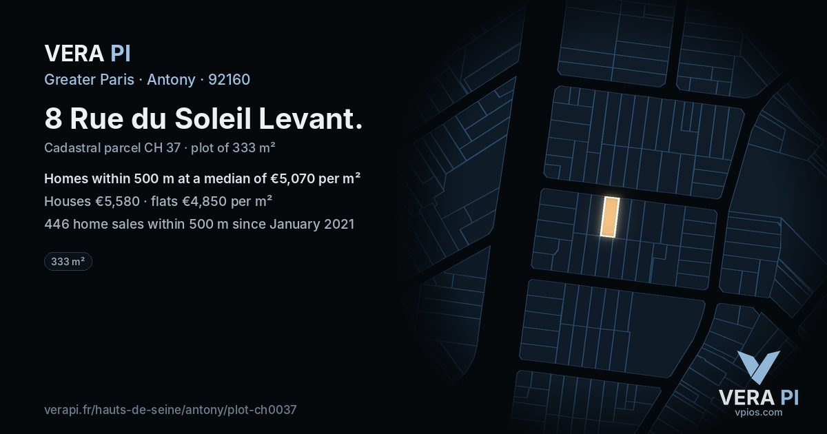 8 Rue du Soleil Levant, Antony at night – the plot lit, the parcels around coloured by the prices near them